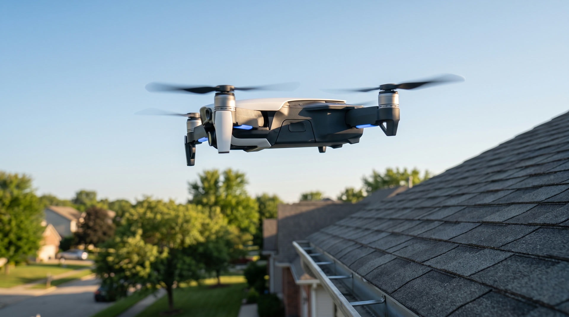 A drone hovering above the edge of a suburban roof in daylight
