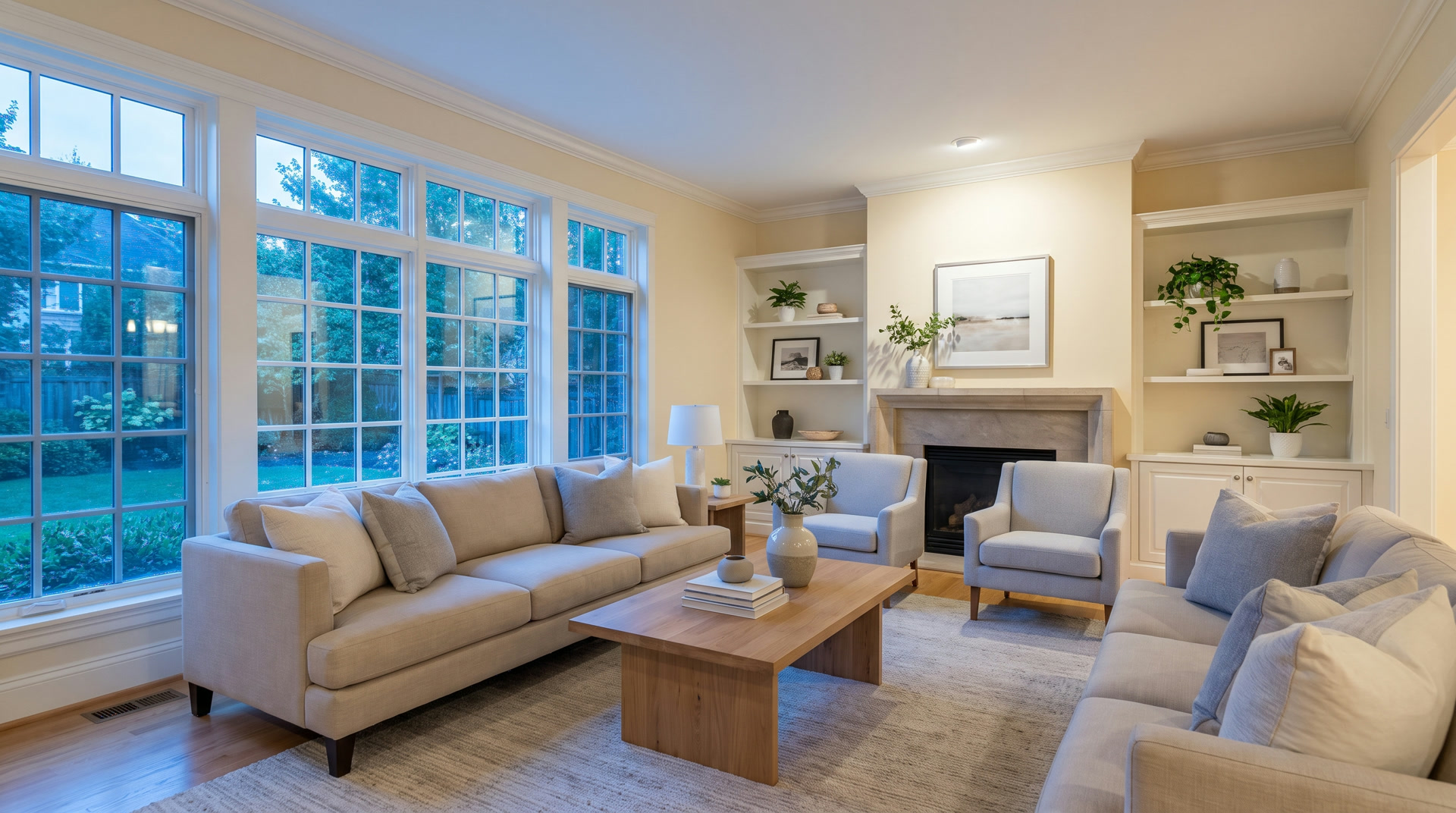 A bright, professionally staged living room shot for a real estate listing