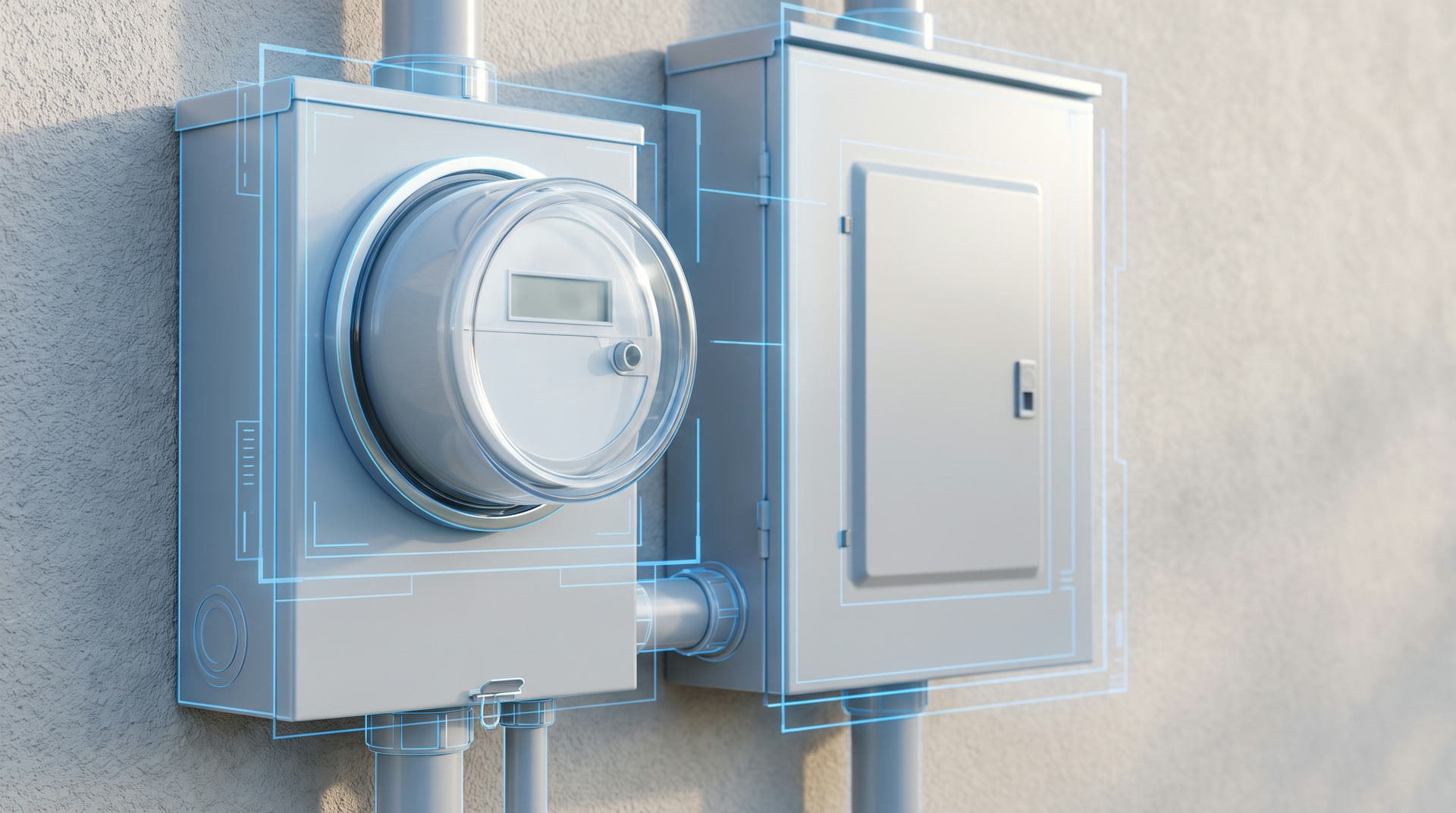 A utility meter and electrical panel documented with a survey overlay
